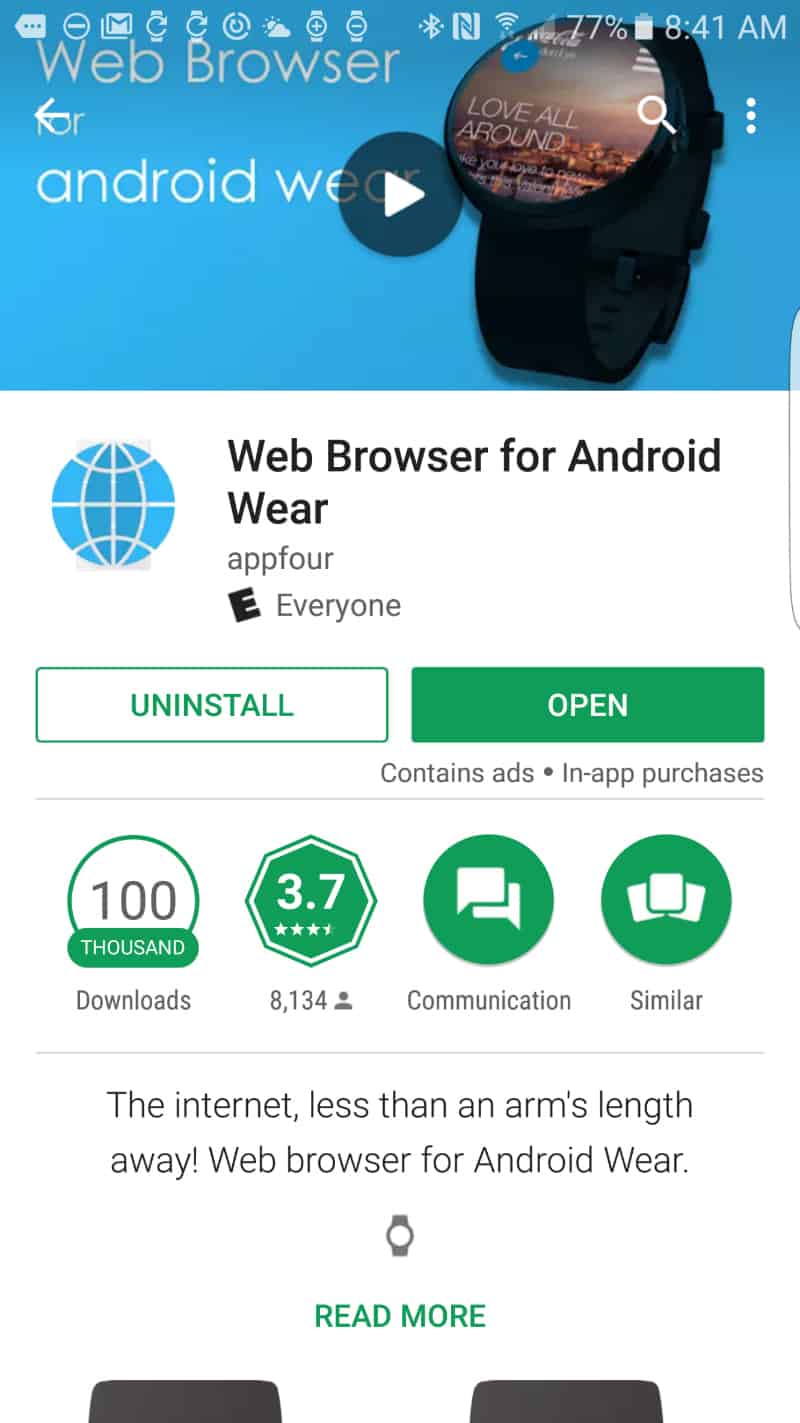 Web Browser for Internet App on Google Play for Smartwatches
