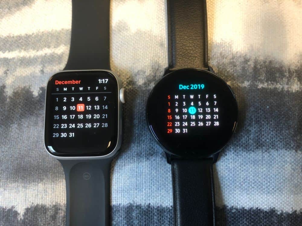 Apple Watch vs. Galaxy Active2 monthly calendar comparison