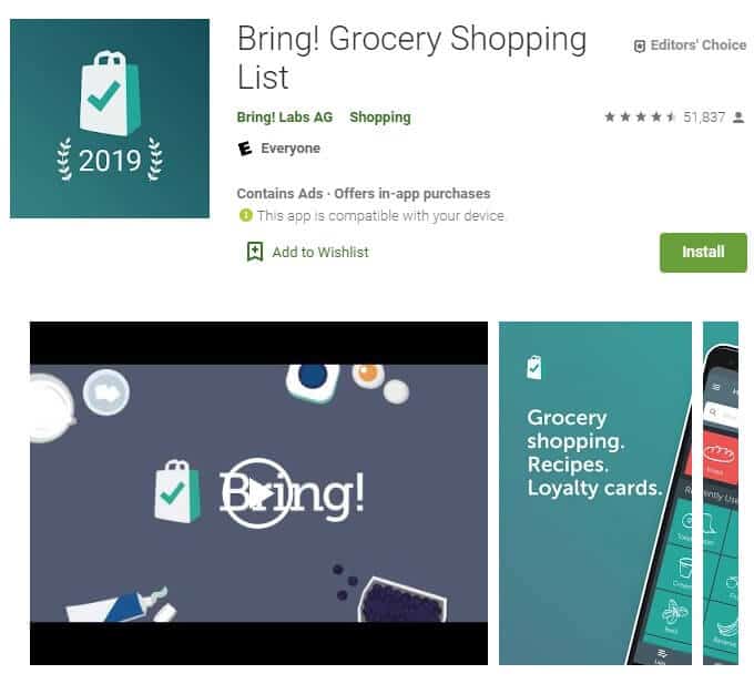 Screenshot of Bring! Grocery Shopping List app homepage.