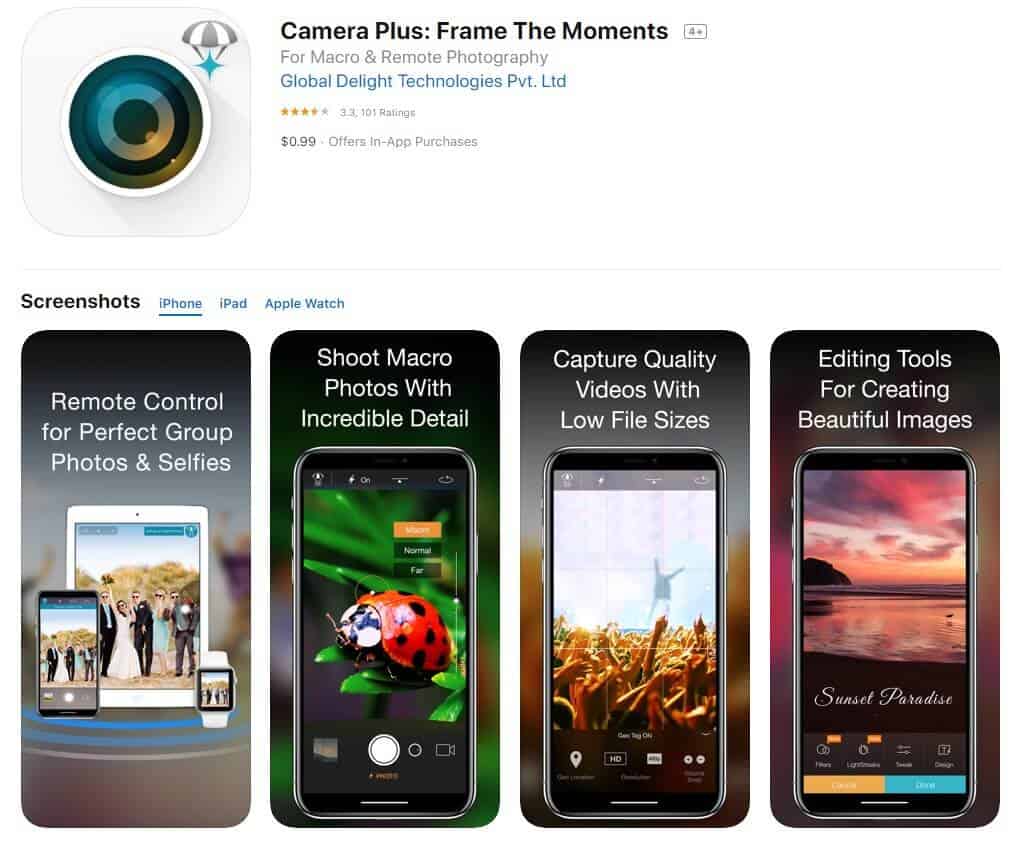 Screenshot of Camera Plus app homepage.