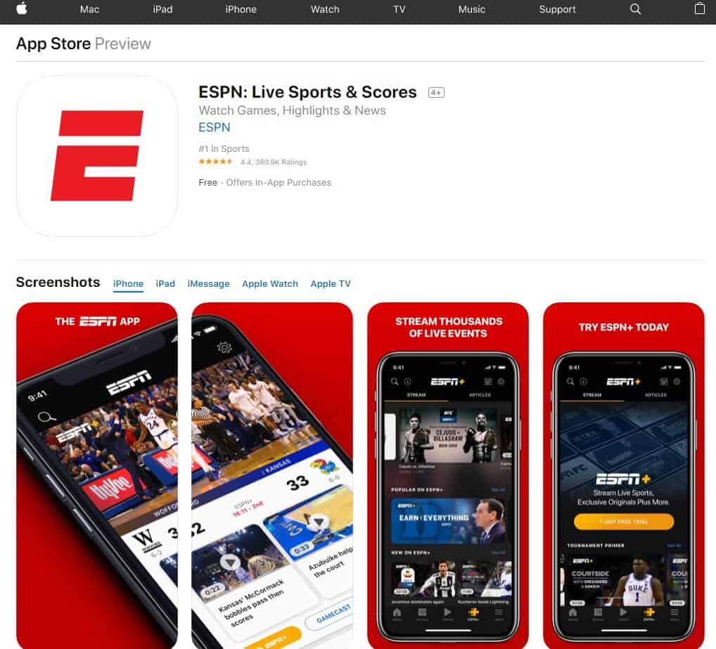 Screenshot of ESPN app homepage.