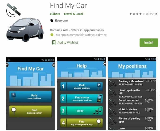 Screenshot of Find My Car app homepage.