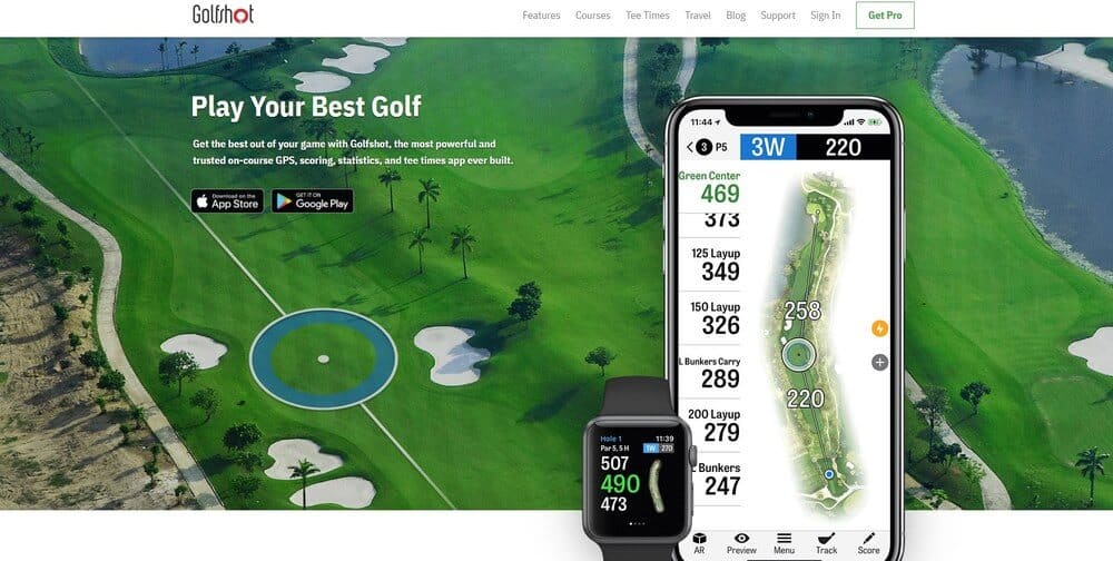 Screenshot of Golfshot app homepage.
