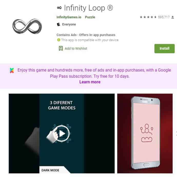 Screenshot of Infinity Loop app homepage.