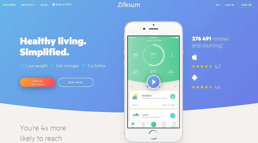 Screenshot of Lifesum app homepage.