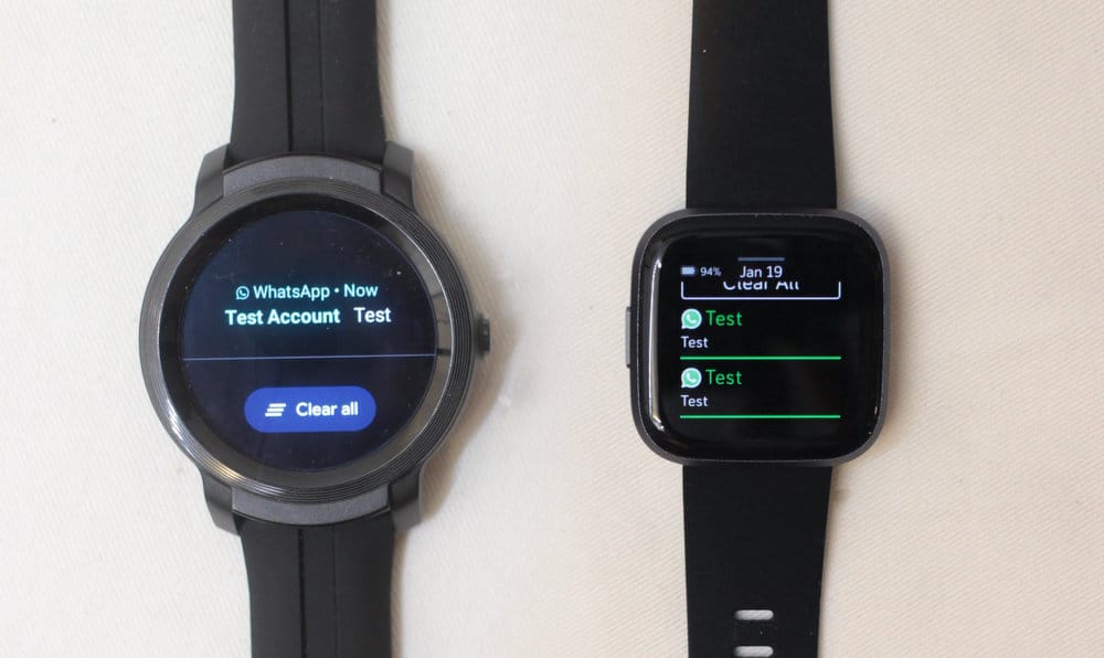 fitbit versa 2 vs ticwatch e2 texting emails messages