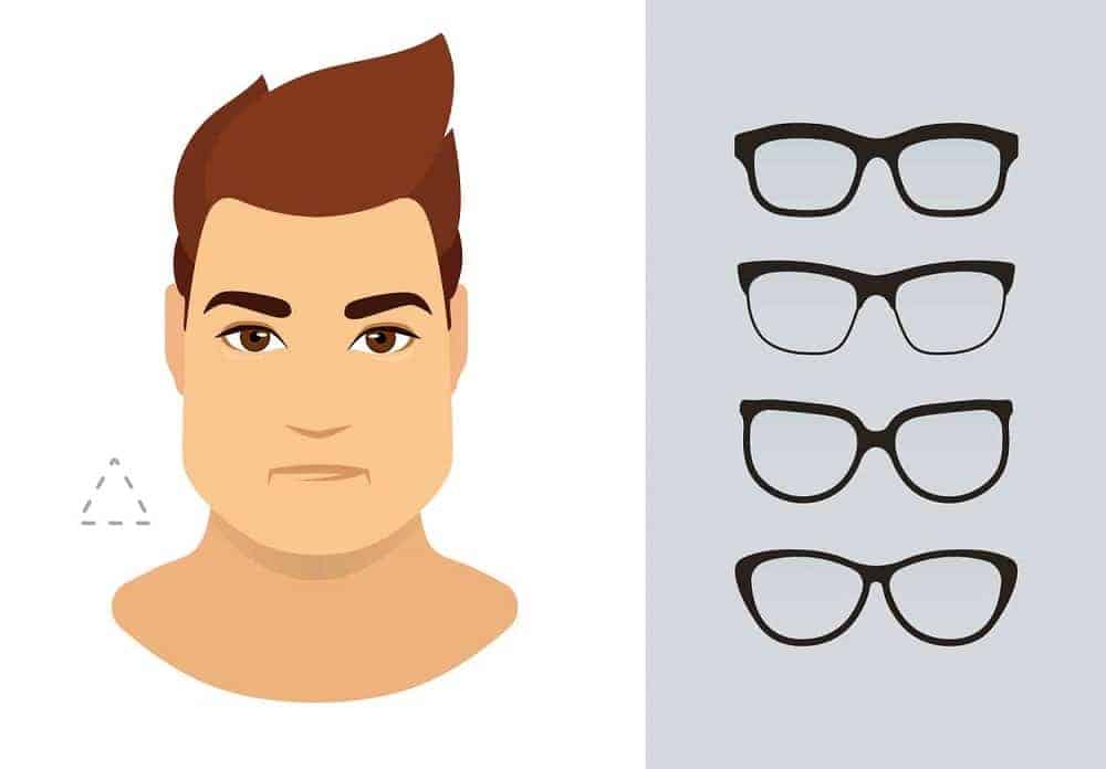 An illustration of the types of glasses for men with a triangle-shaped face.