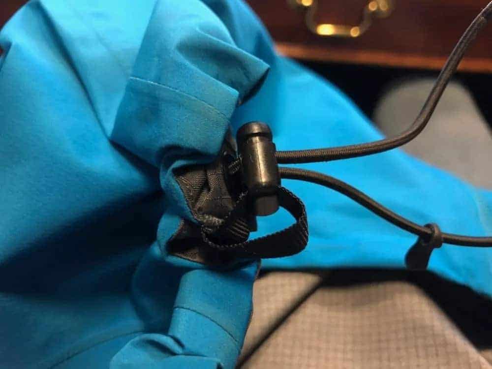 Close up of the body adjustment mechanism for Arcâ€™Teryx Beta LT jacket.