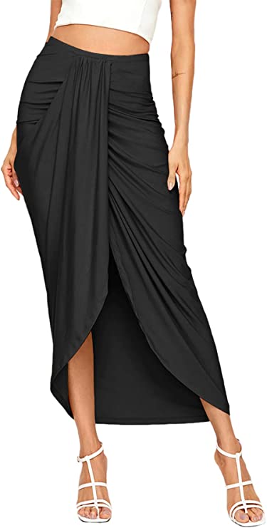 Woman wearing a black draped skirt.