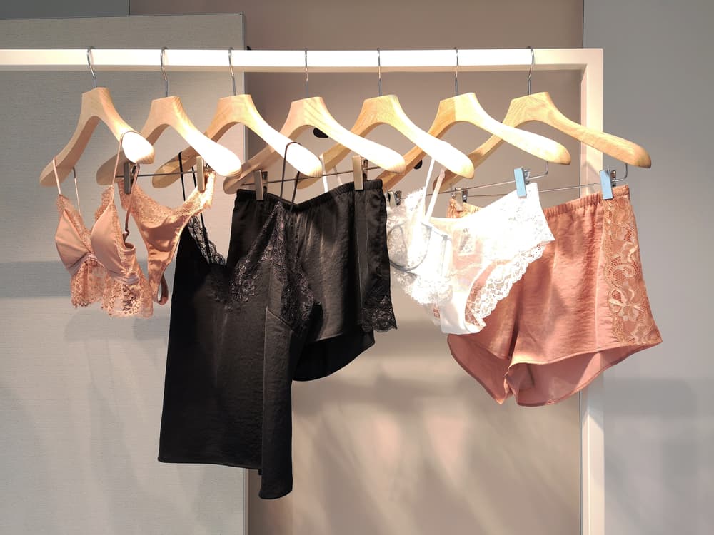 A display of lingerie on rack in retail store.