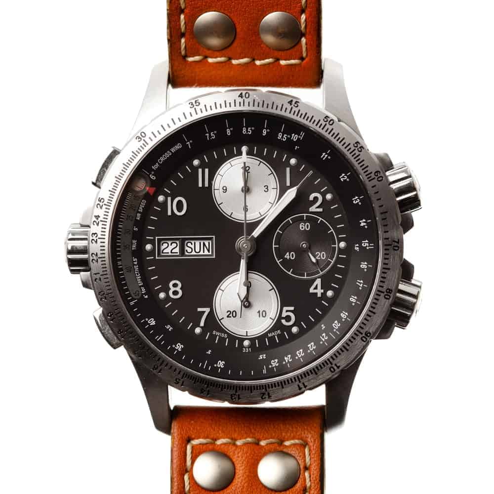 Pilot watch with brown leather strap.