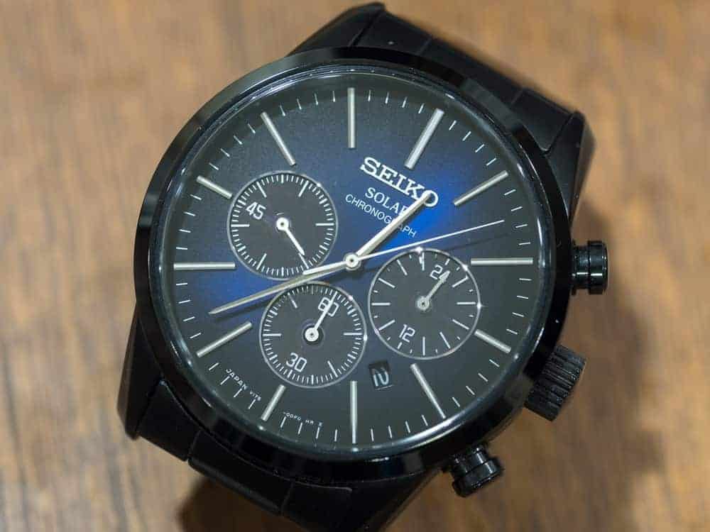 Seiko solar movement with blue and black dial along with chronograph function.