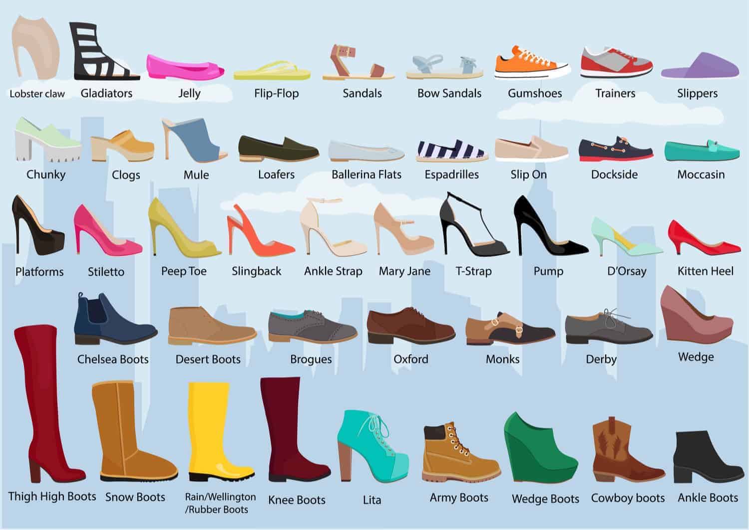 An illustrative chart depicting the different types of women's shoes.
