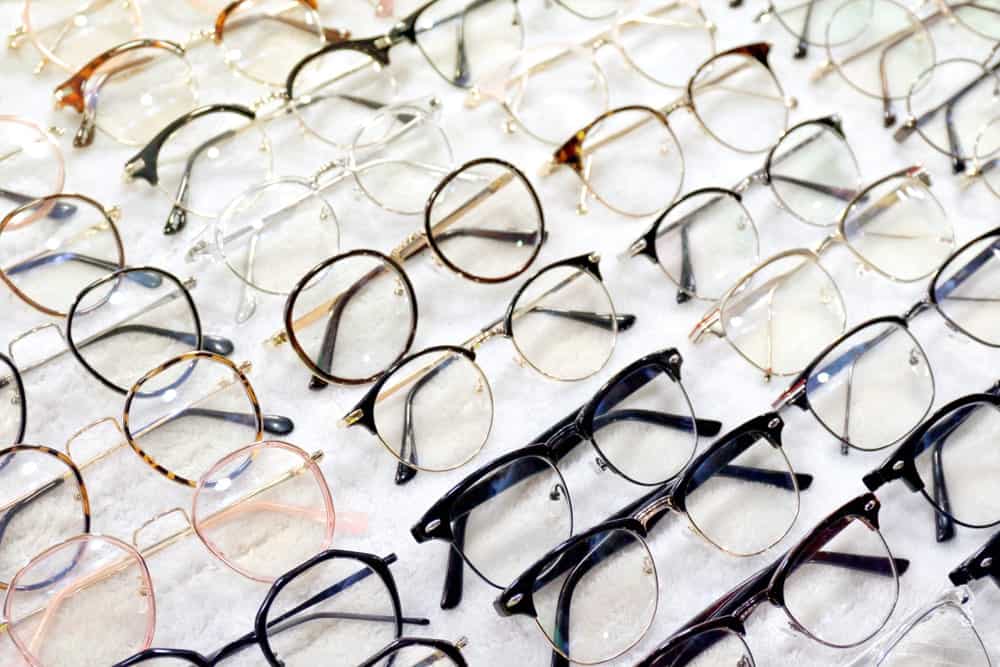 A display of eyeglasses in an optical store.
