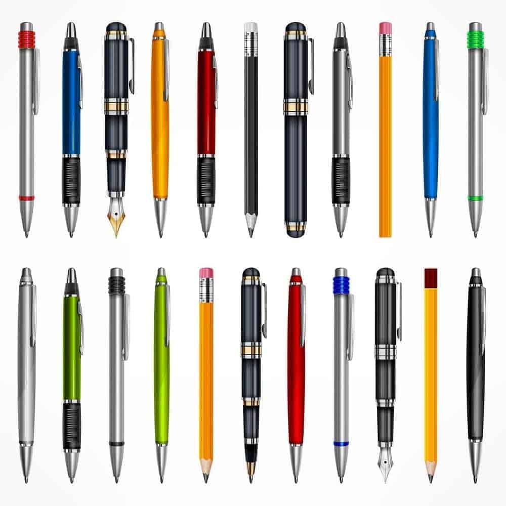 Various types of pens on a white background.