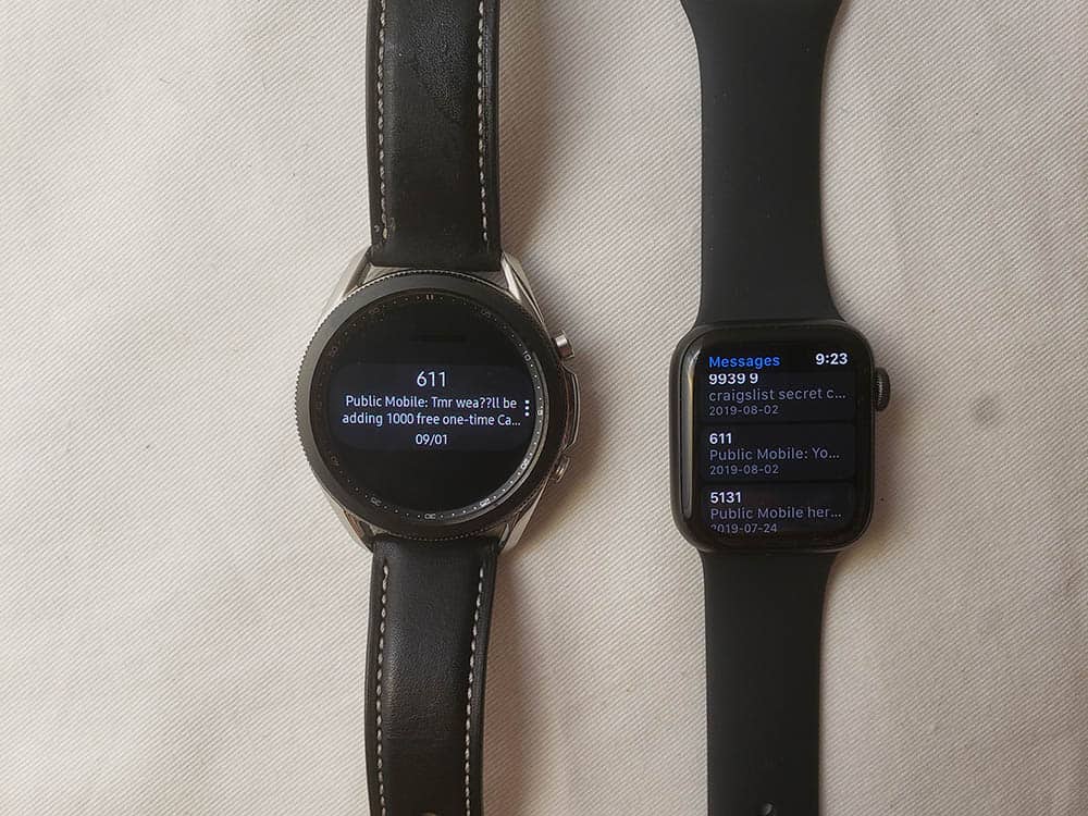Samsung Galaxy Watch3 vs Apple Watch Series 5 sms log