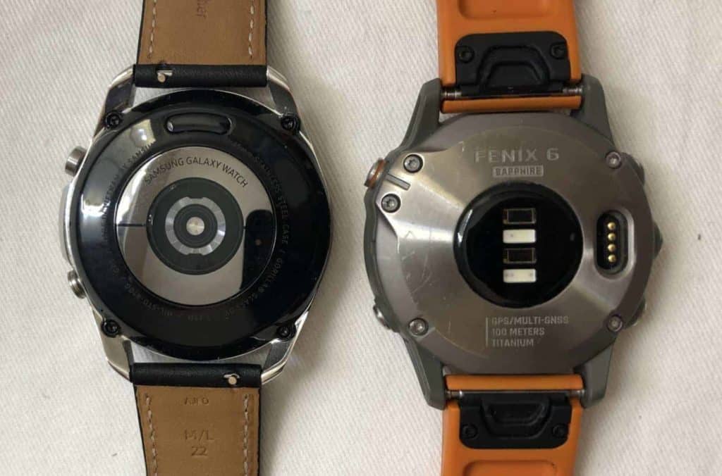 Samsung Galaxy Watch3 vs Garmin Fenix 6 rear heart rate sensor