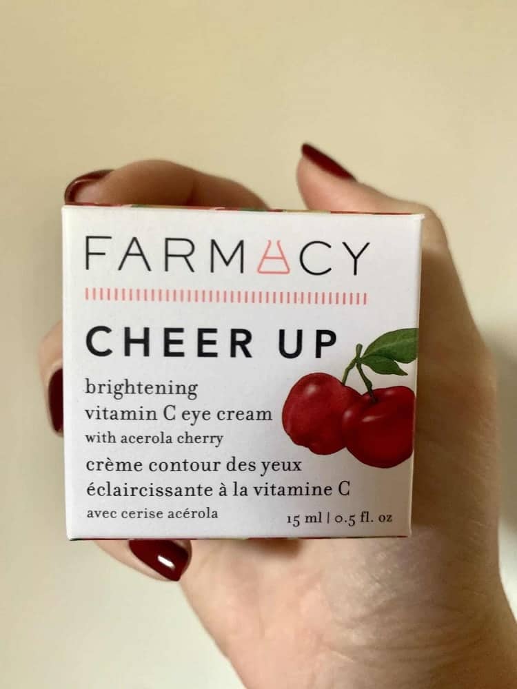 A closeup look at a box of Farmacy Cheer Up brightening eye cream.
