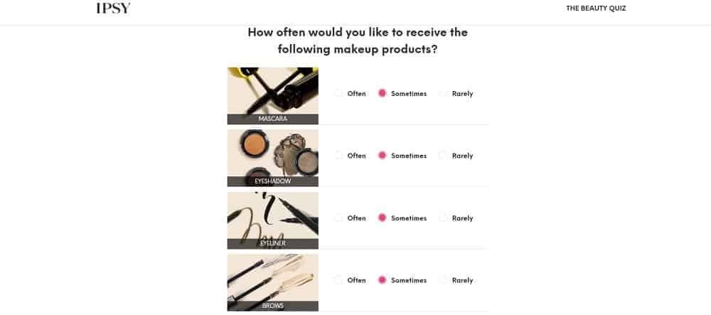A screenshot of the beauty quiz page of IPSY.