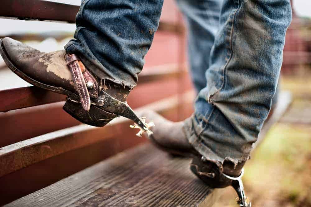 A close look at a cowboy with jeans and boots that has spurs.