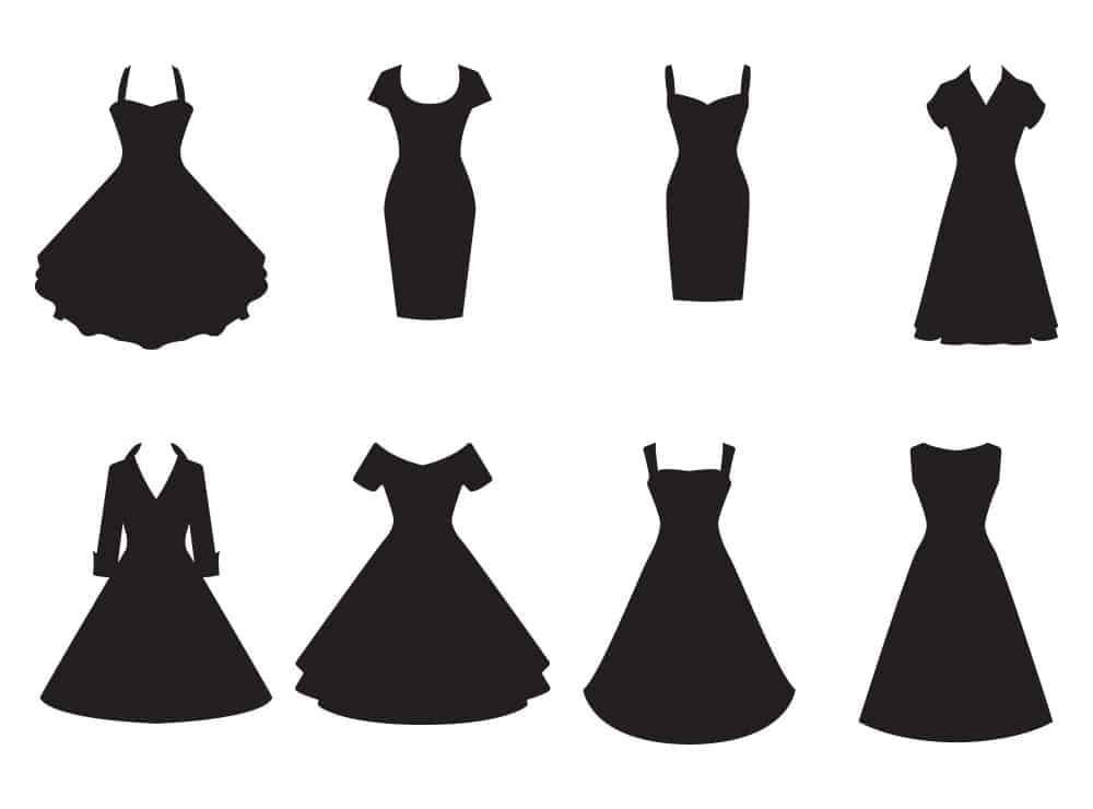 Silhouette of dresses with various necklines.