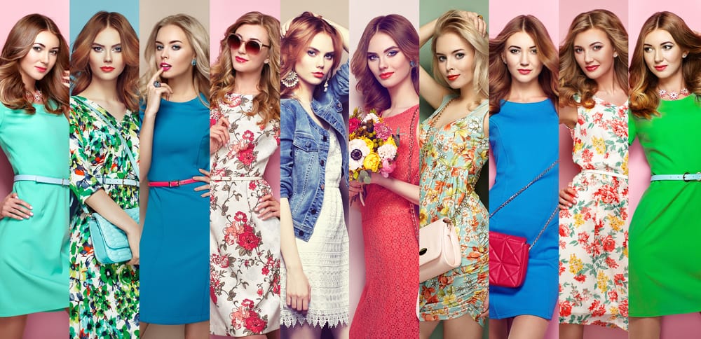 A collage of women wearing various dresses.
