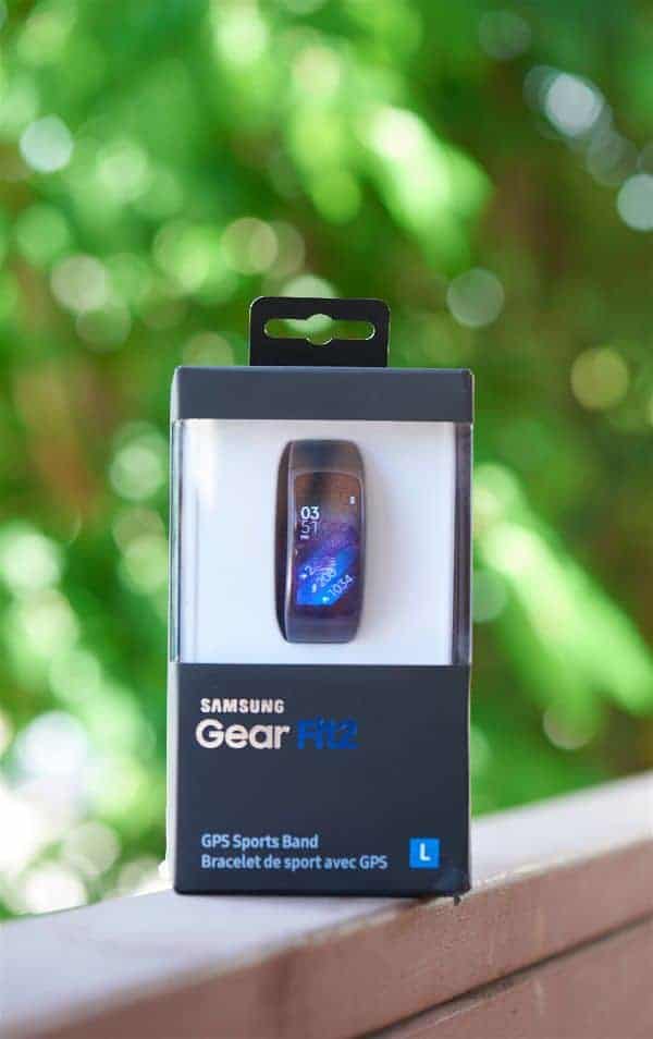 A close look at the Samsung Gear Fit 2 Smartwatch still in its box.