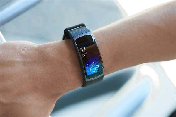 This is a close look at the Samsung Gear Fit 2 Smartwatch on the wrist.