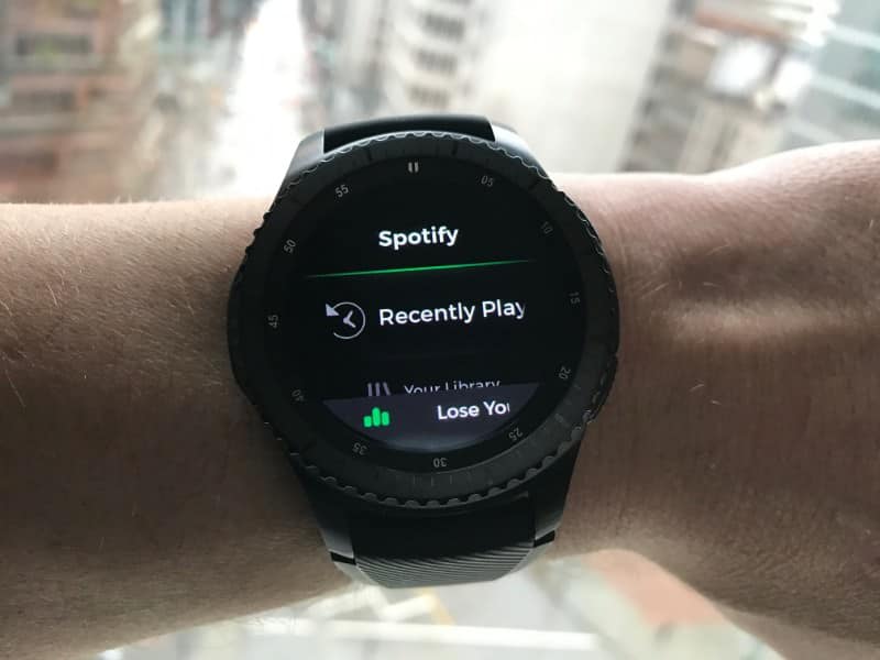 Spotify screen on the Samsung Gear S3 Frontier Smartwatch