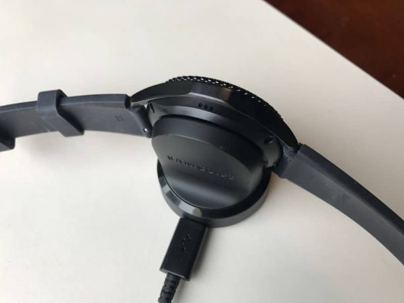 Samsung Gear S3 Frontier attached to charger