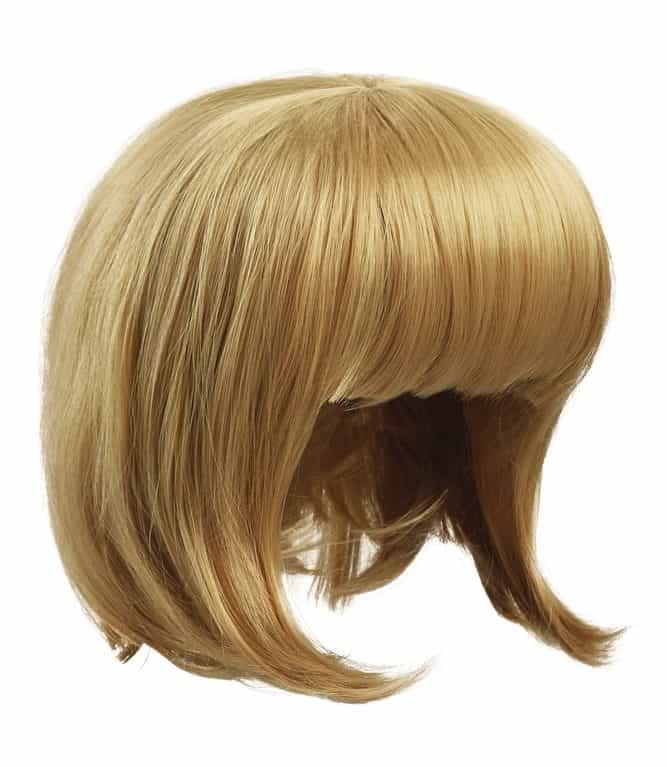 Natural-looking light blonde wig in short blunt bob with bangs