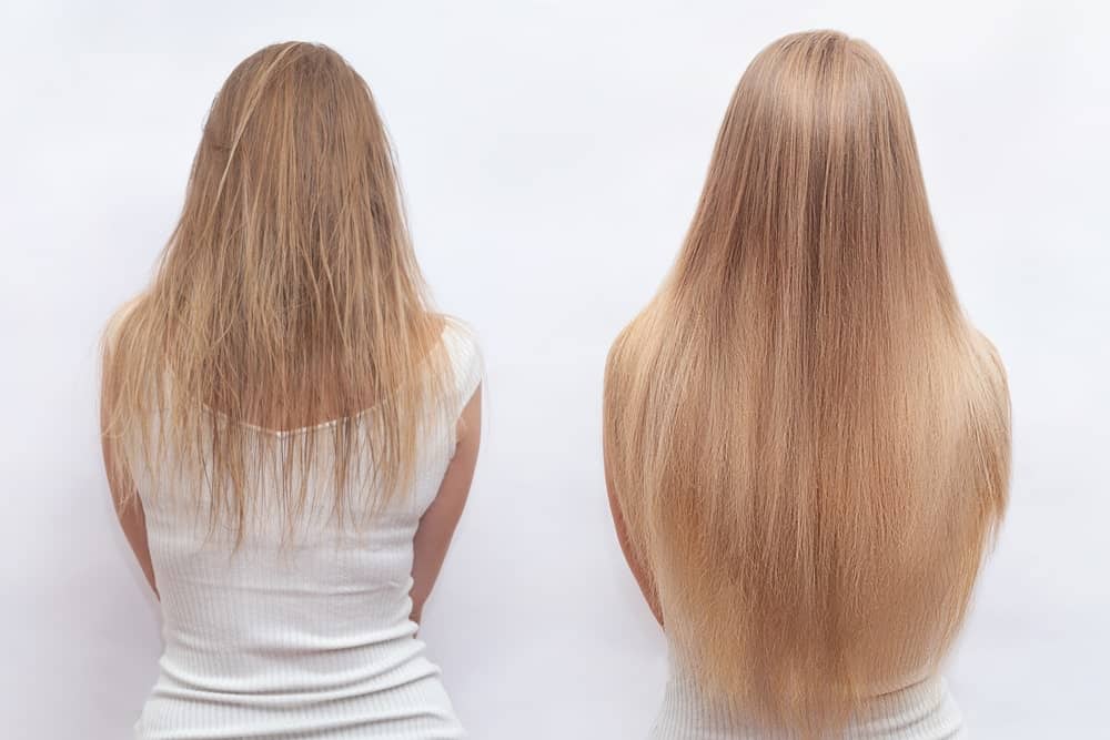 Back profile of a woman with before and after hair extension.
