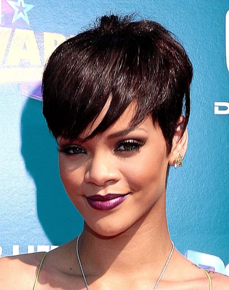 Rihanna wearing a tapered pixie cut with bangs during awards night.