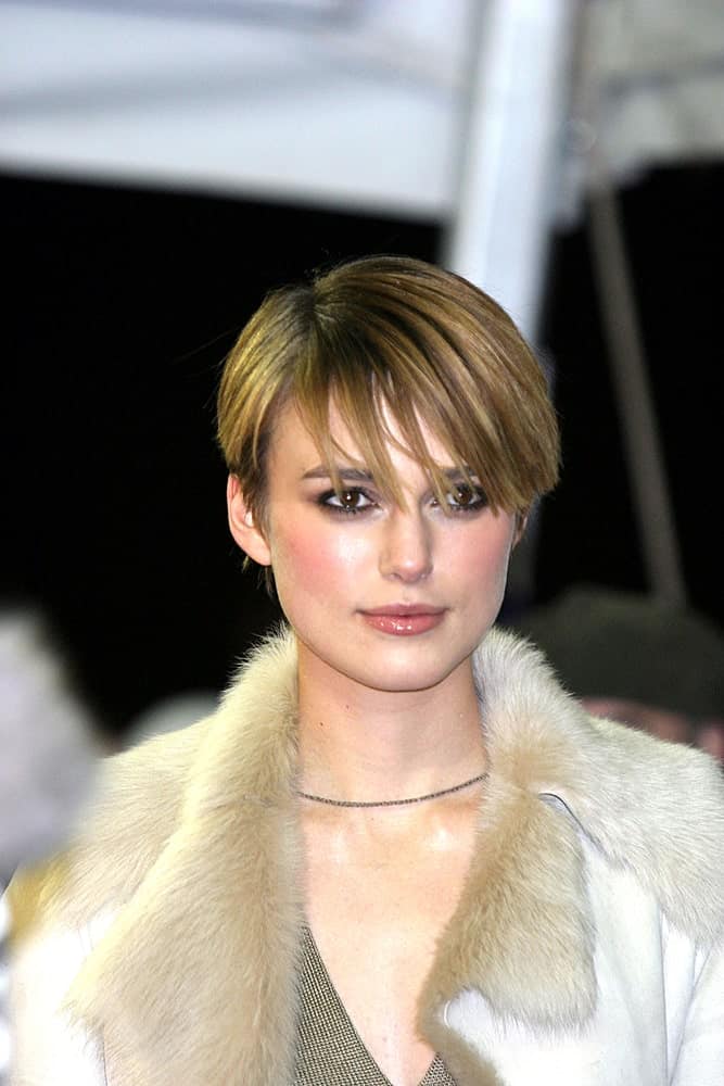 Keira Knightly during Sundance festival wearing a pixie with bangs.