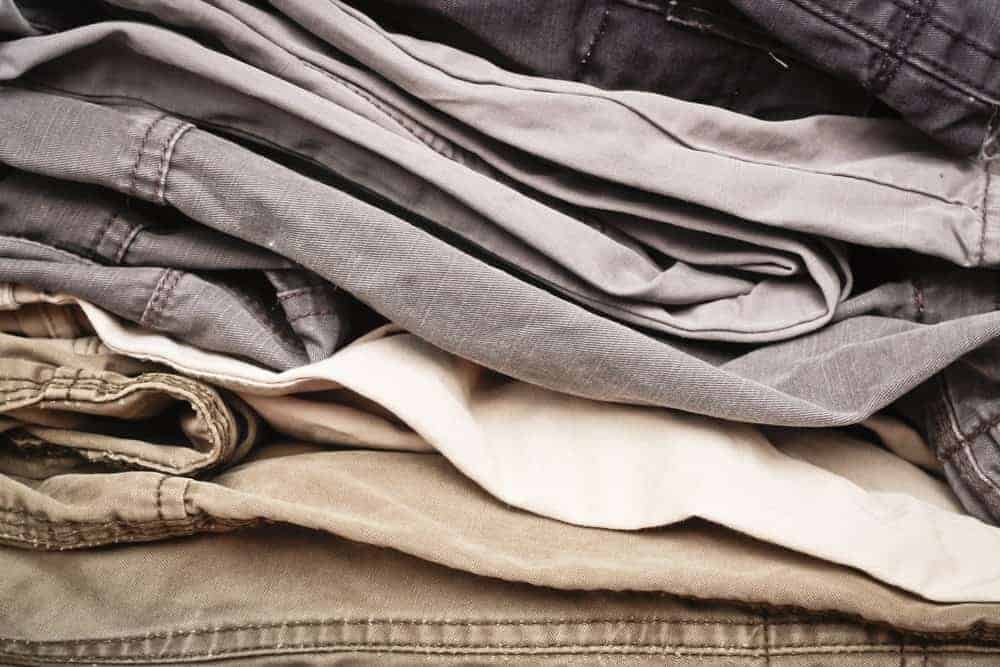 A close look at pairs of khaki pants.