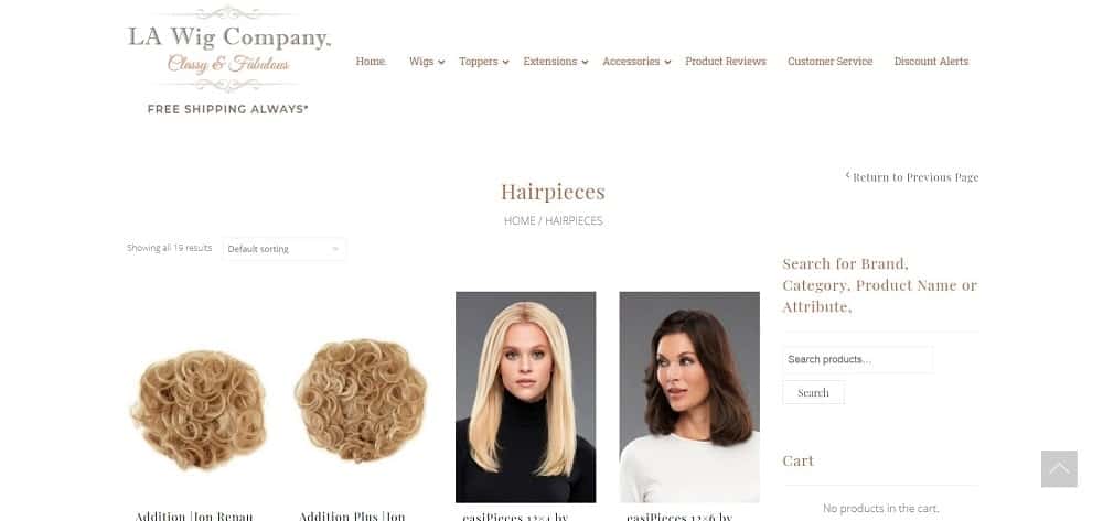 This is a screenshot of the LA Wig Company website.