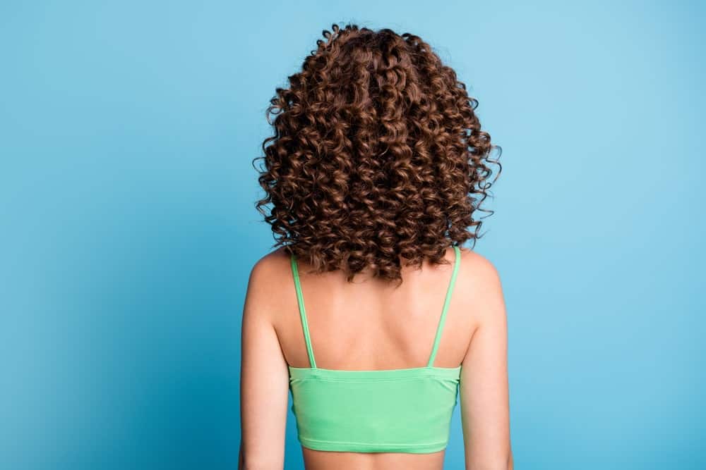 A woman seen from behind wearing a big curly wig.