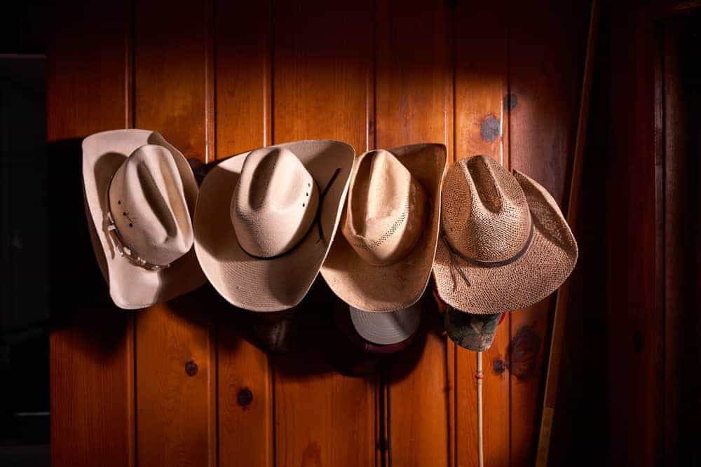 A close look with a variety of cowboy hats hanging on the wooden wall.