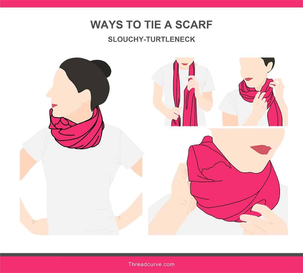 Illustration of the slouchy-turtleneck way to tie a scarf.