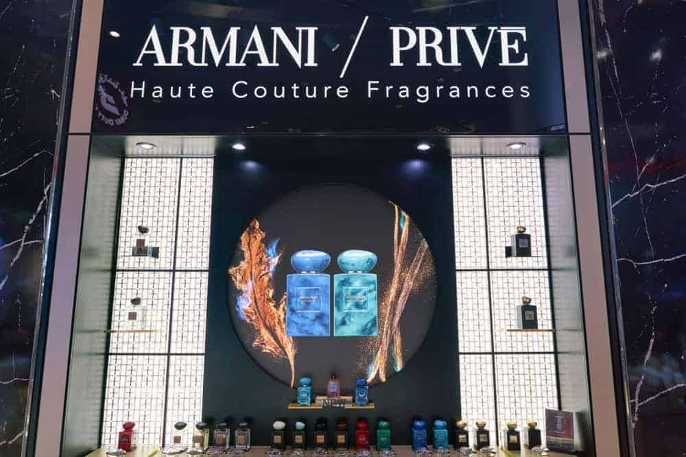 Armani Prive haute couture fragrances in Duty Free at Dubai International Airport.