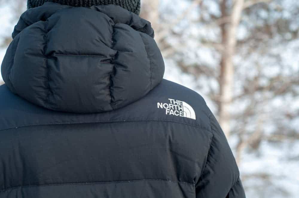 Back profile of a man wearing The North Face jacket with hoodie.
