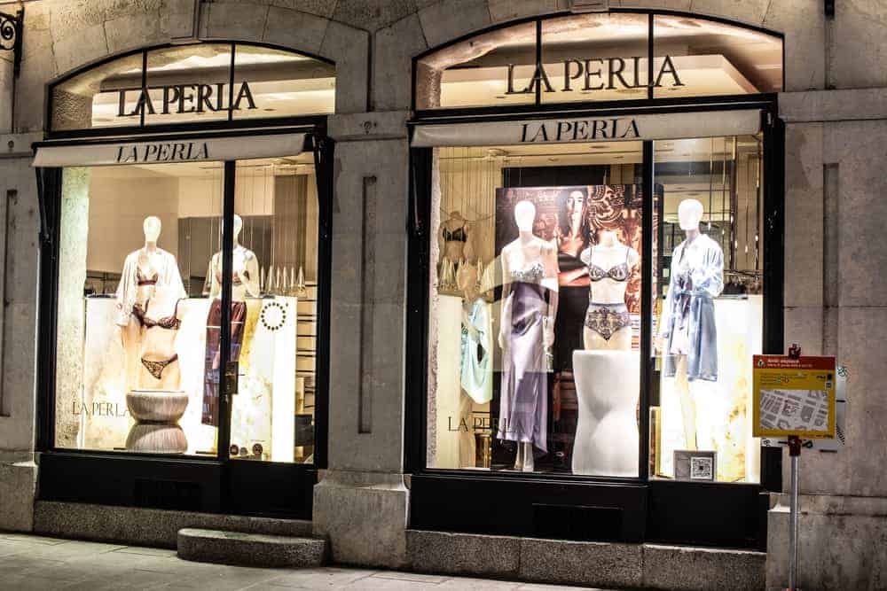 This is a close look at the La Perla storefront with various lingerie on display.