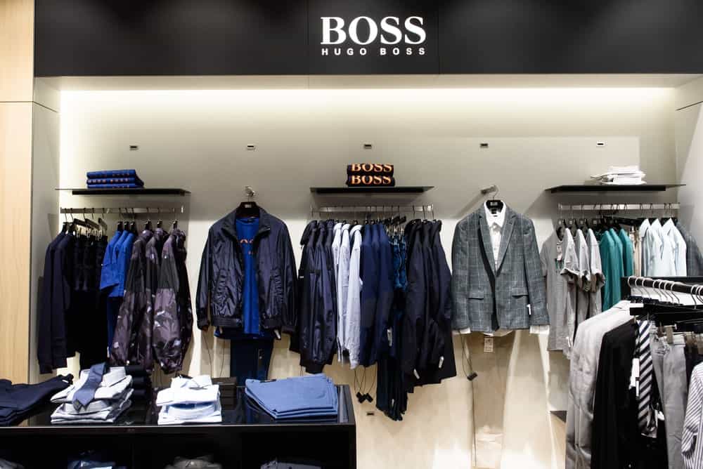 This is a look at the various products of Hugo Boss on display at a store.