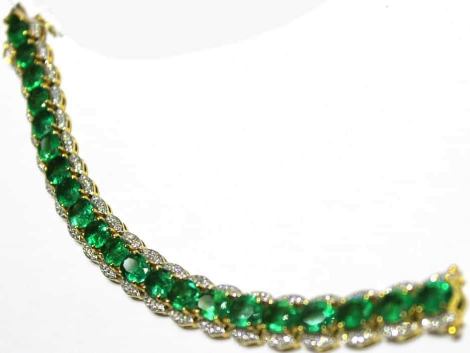 This is a close look at a bracelet with Zambian emeralds.