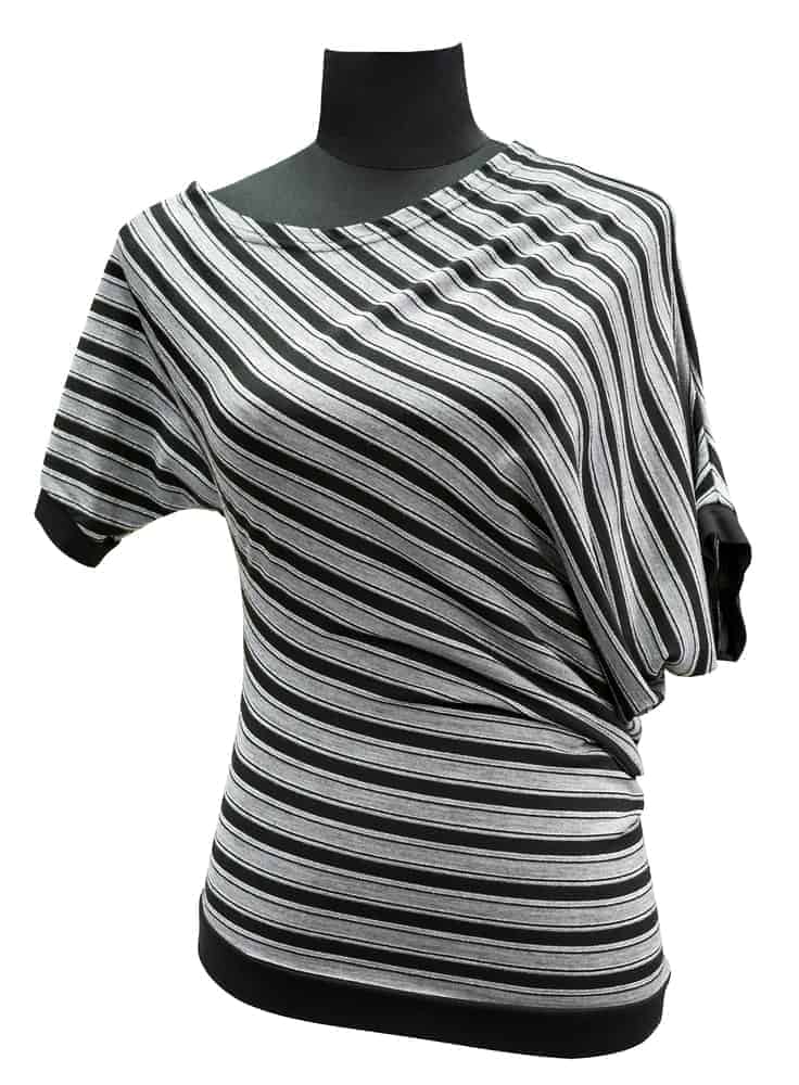A close look at a striped blouse with dolman sleeves.