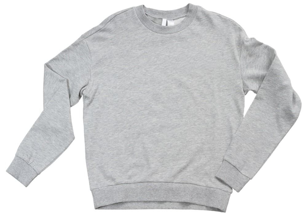 This is a close look at a gray crewneck sweatshirt.