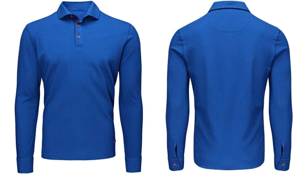 This is a front and back view of a blue polo sweatshirt.