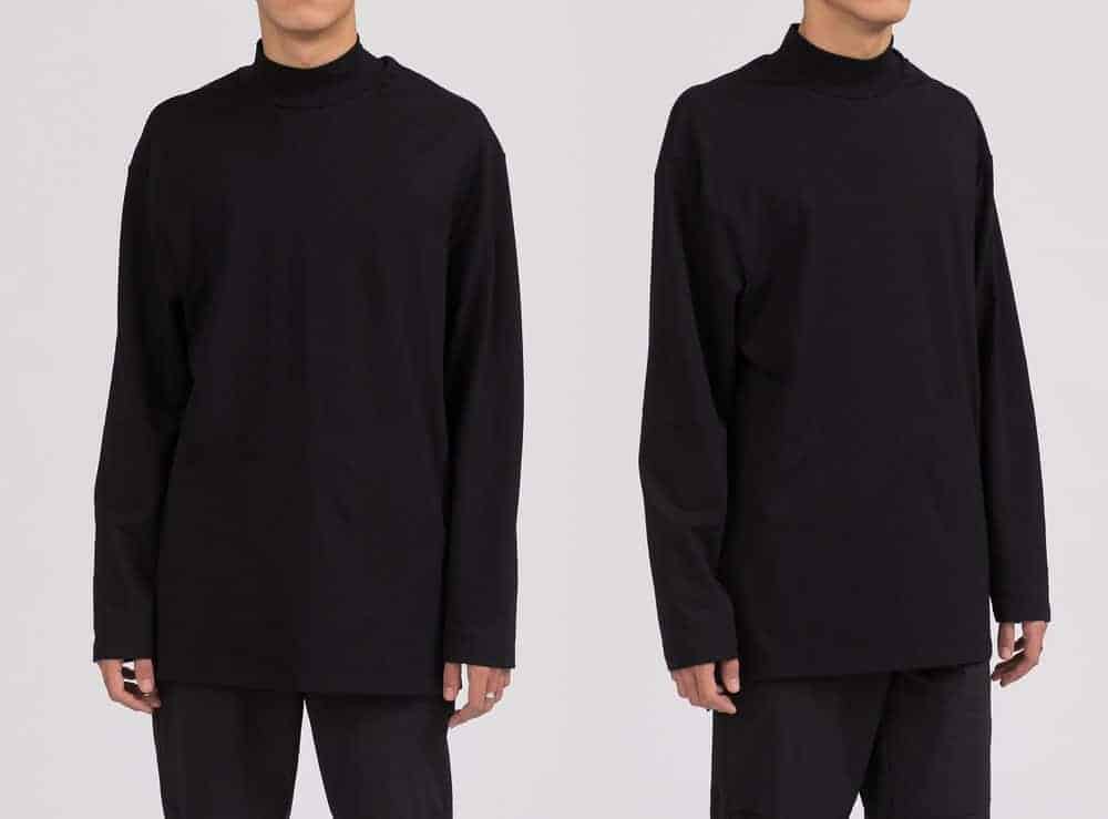 A dual look at a man wearing a black long-sleeved sweatshirt.