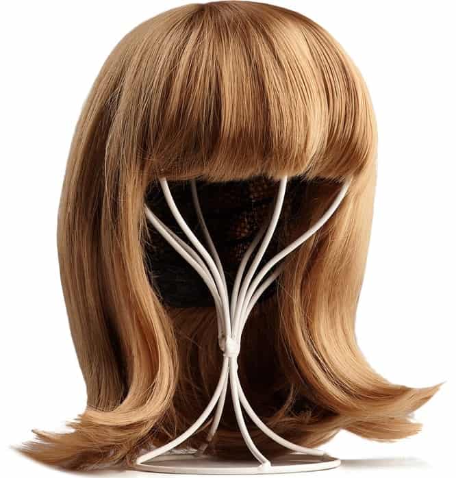 A blonde wig with bangs on a wig stand.