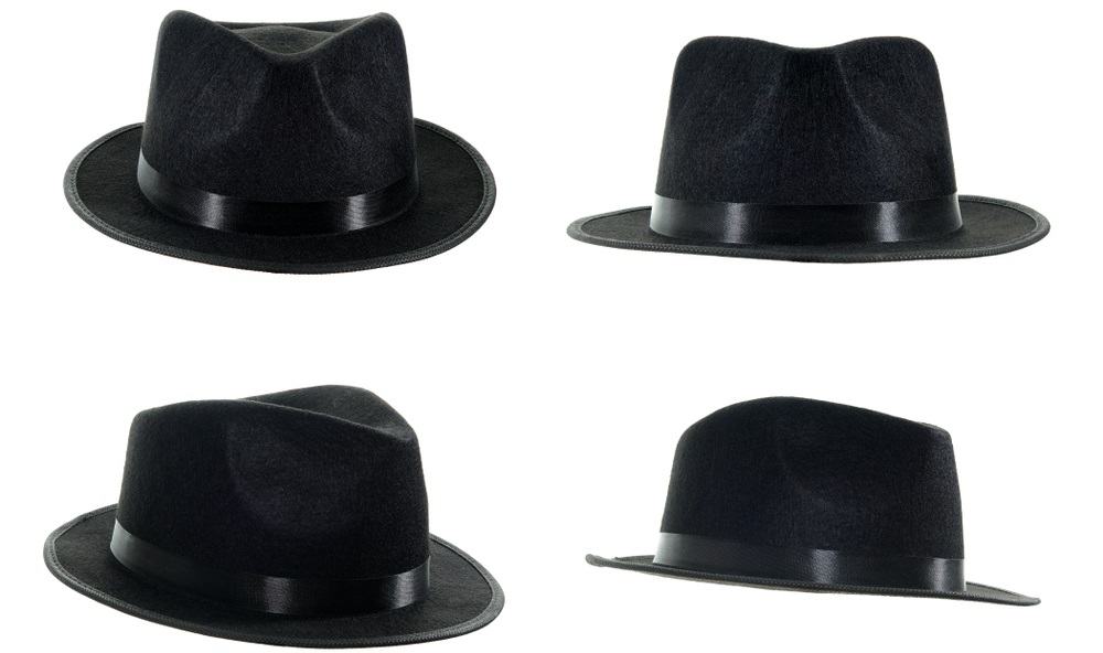 A black fedora hat being view on four different angles.